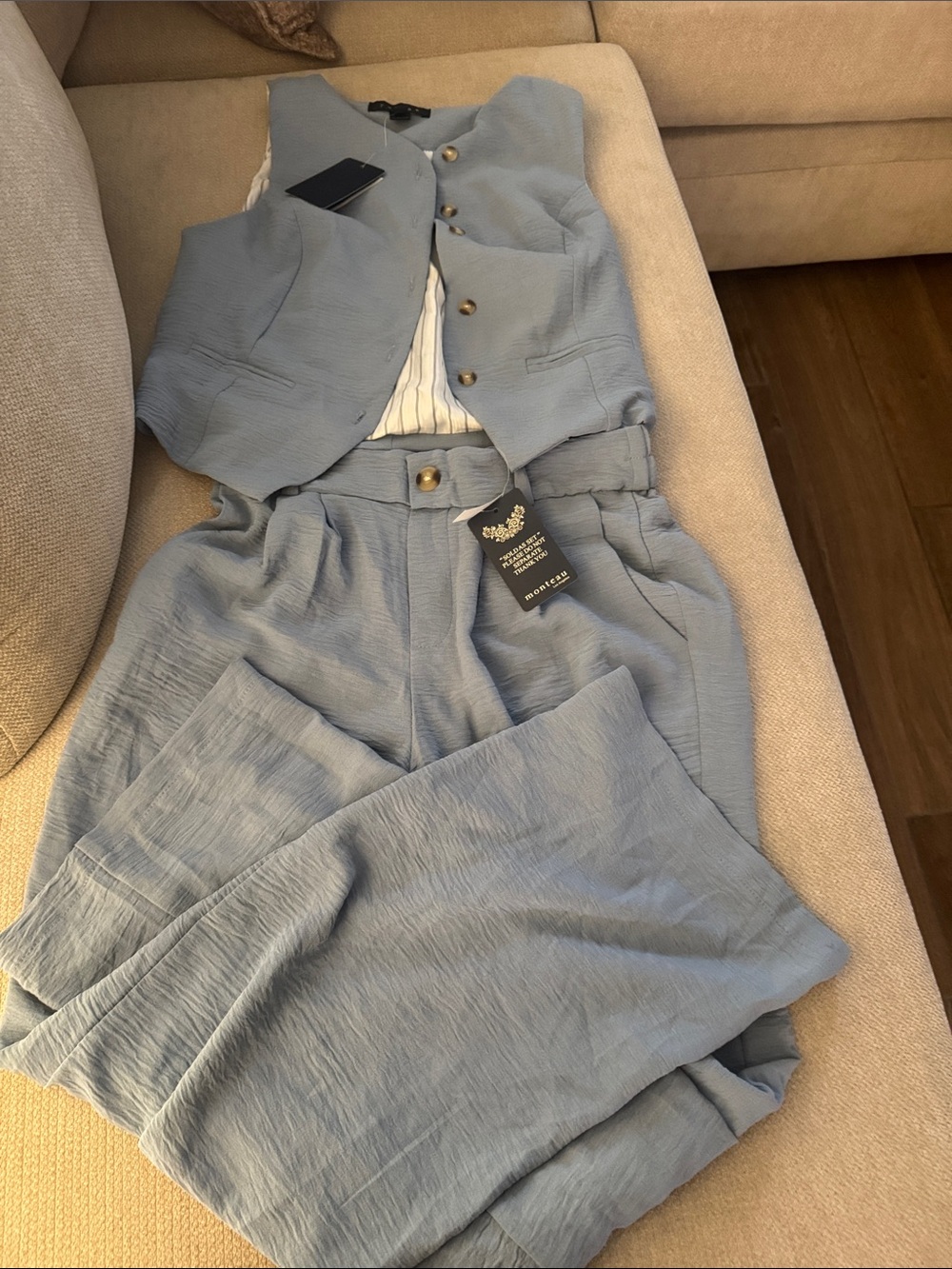 Women's Pale Blue Wide-Leg Pants with Matching Vest